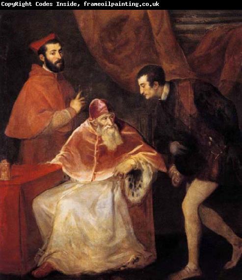 TIZIANO Vecellio Pope Paul III with his Nephews Alessandro and Ottavio Farnese